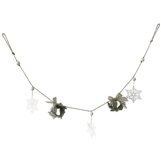 4.75Ft Snowflake & Frosted Pine with Wooden Beads Christmas Garland By Northlight in White | 4.75 ft | Michaels®